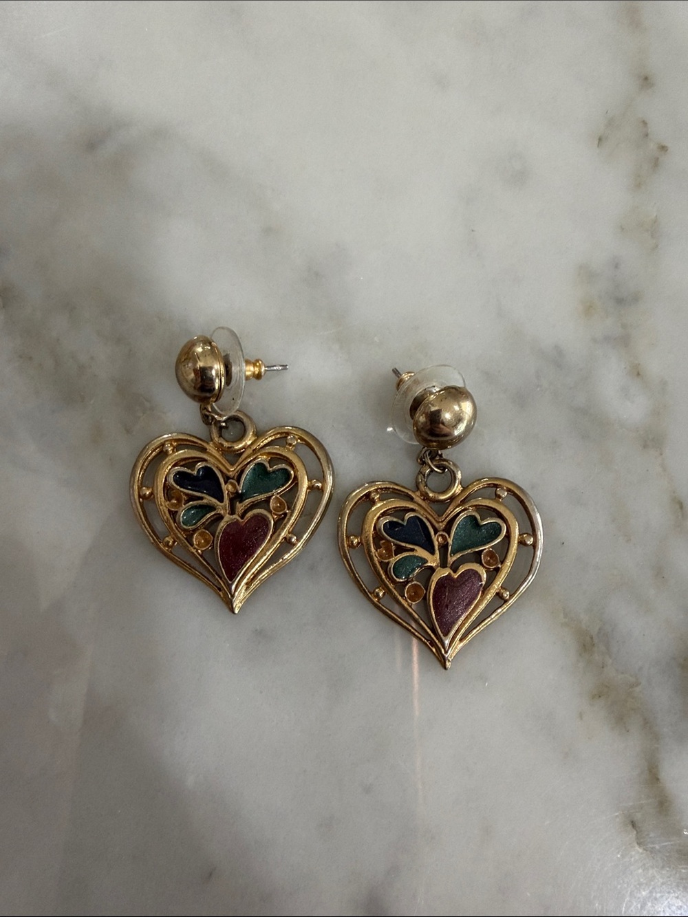 Vintage Gold Tone Enamel Heart Dangle Earrings
